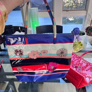 Kate Spade Blue and Red Striped Tote Bag Sequins Flowers Custom